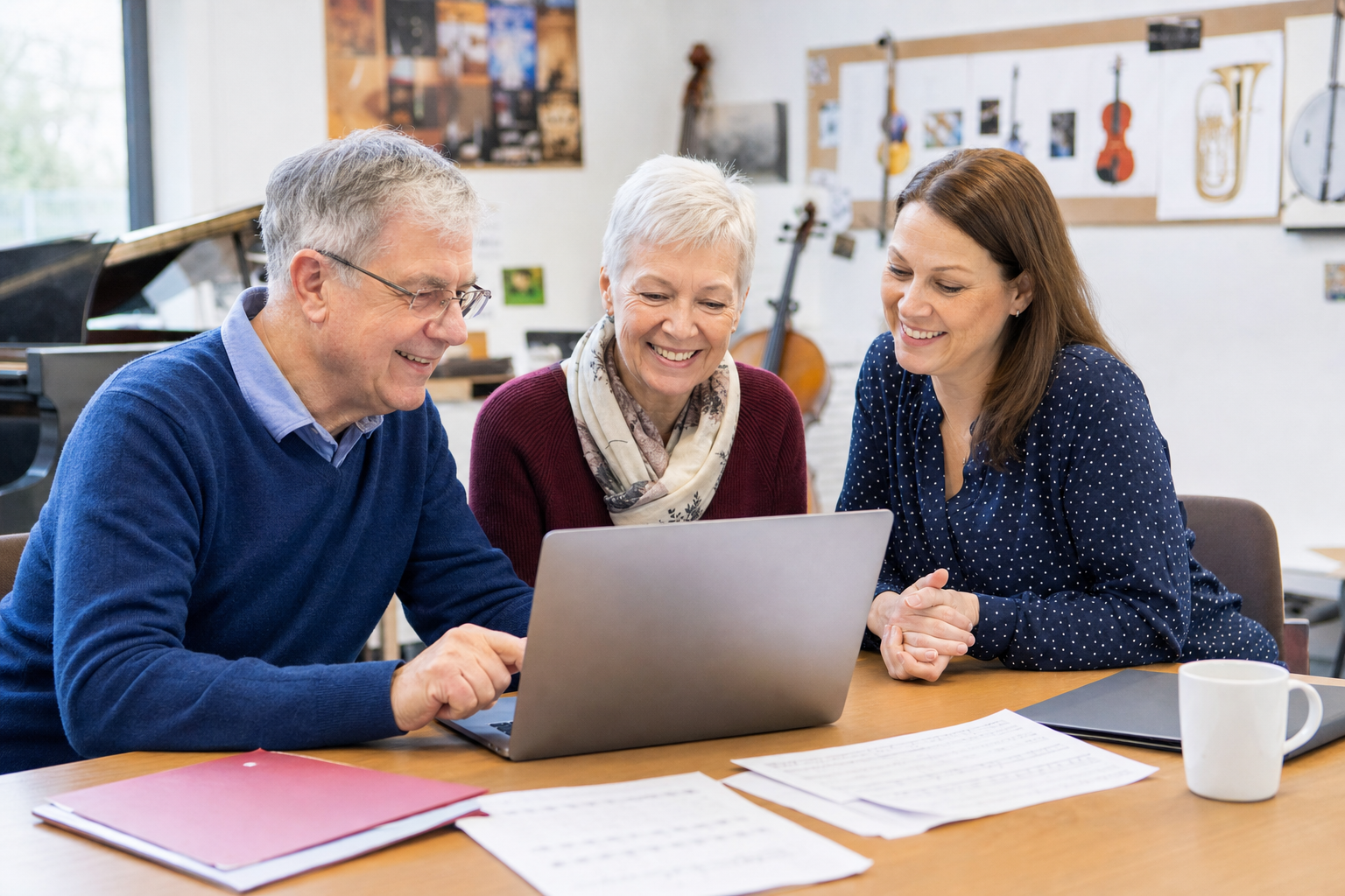 Adult volunteers working together on a laptop in a music room